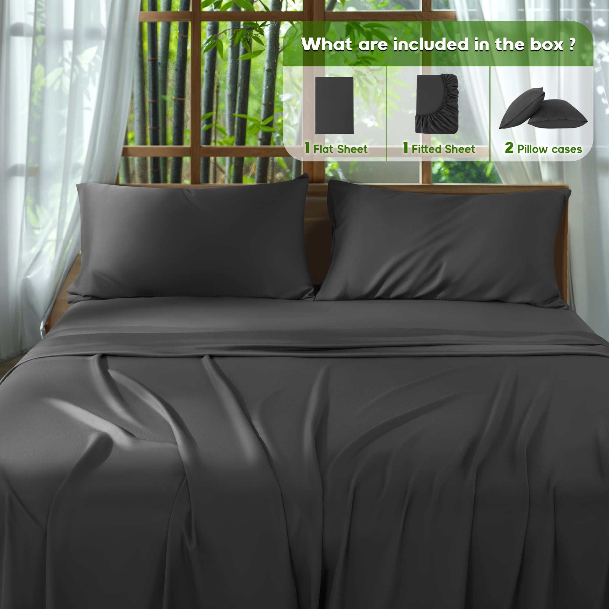 Sonoro Kate Luxury Cooling Bamboo Bed Sheet Set - Deep Pockets - 4 Piece, California King, Black