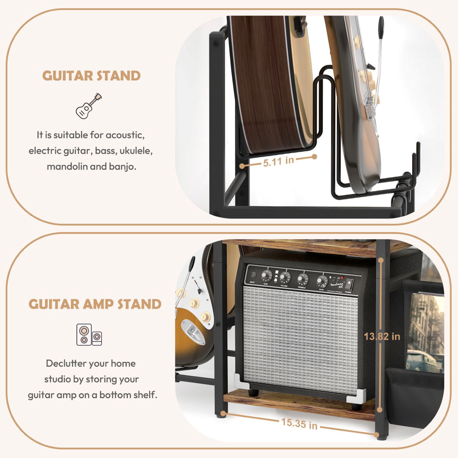 Olakee 3-Tier Record Player Stand with Guitar Stand for Acoustic, Electric Guitar, Bass, Vinyl Record Storage up to 200 Albums