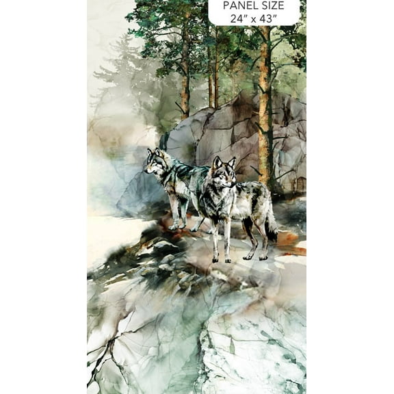 24" X 44" Panel Lone Wolf Wolves Animals Nature Woods Forests Northcott Teal Multicolor Cotton Fabric Panel (DP27181-66)