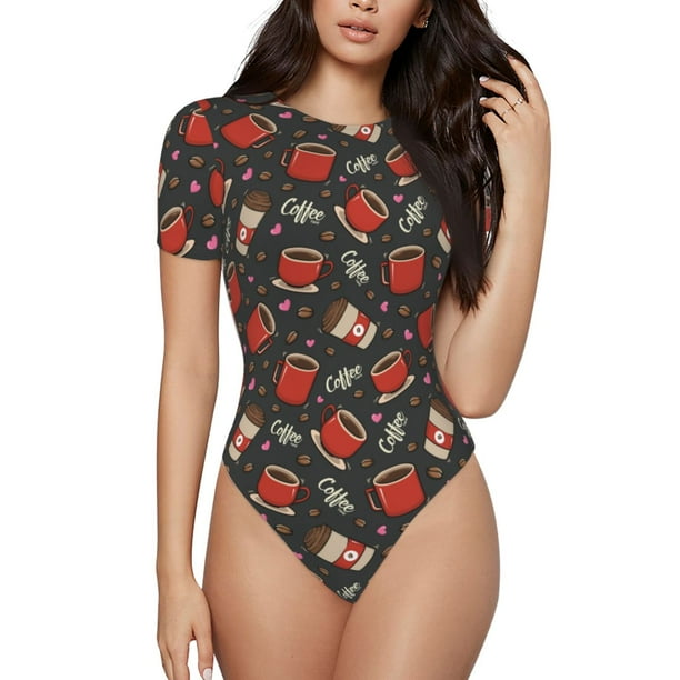 Balery coffee mug cup Body de cuello redondo de manga corta para mujer Tops de manga corta Tops básicos-Medium