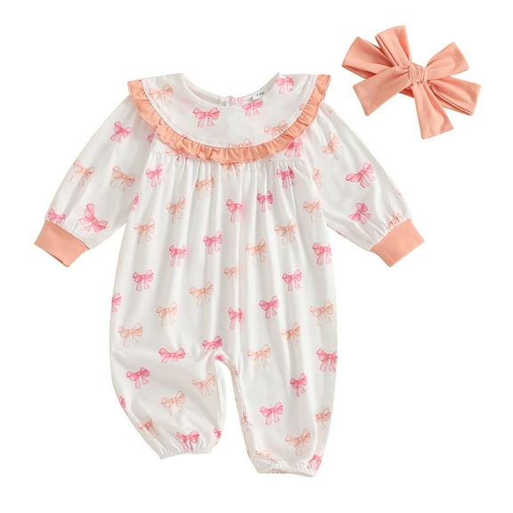 Okbabeha Newborn Baby Girl Ruffled Long Sleeve Bow Print Jumpsuit Romper Infant One Piece Outfits Headband