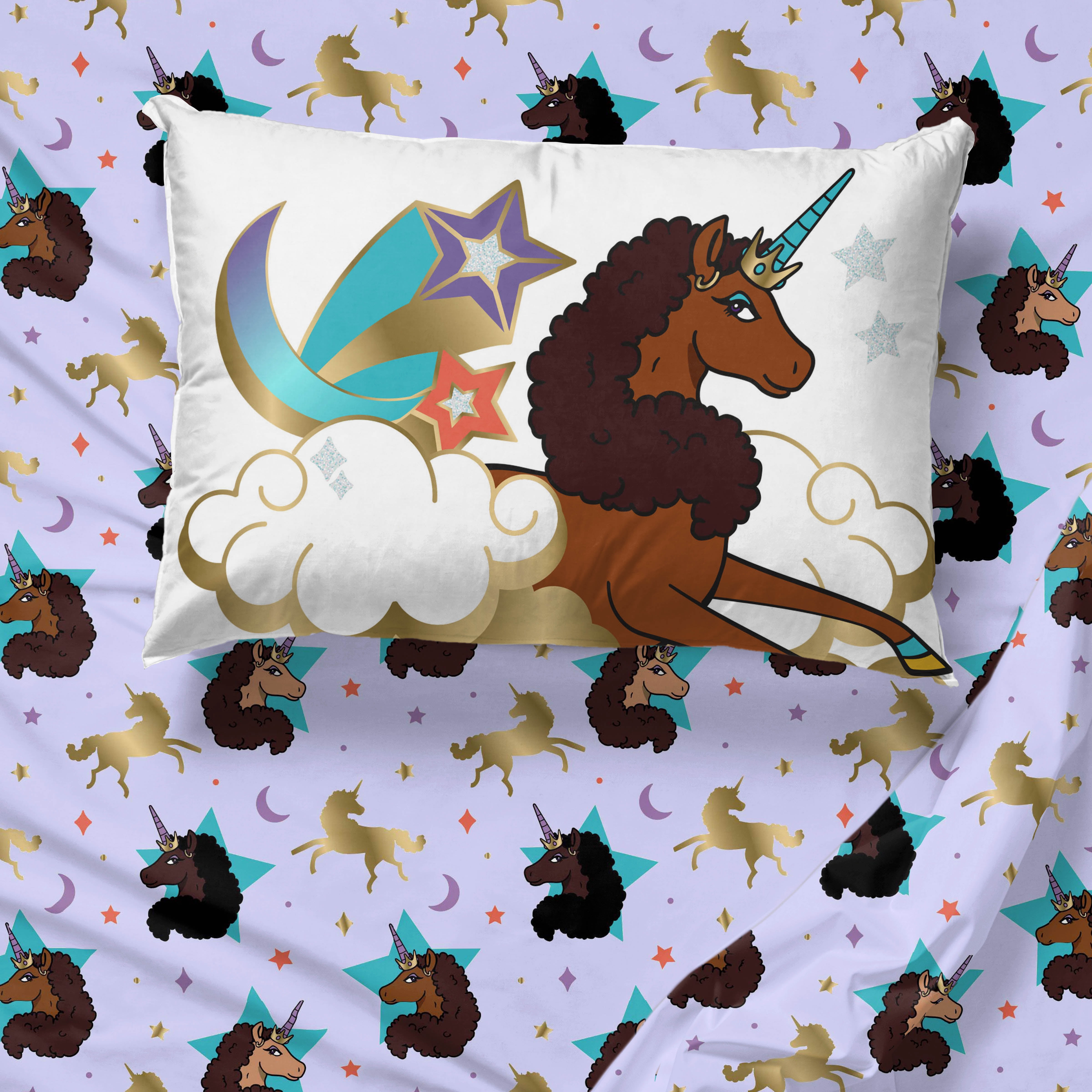 Afro Unicorn Blue 5 Piece Twin Bed Set w/ Sham, 100% Microfiber