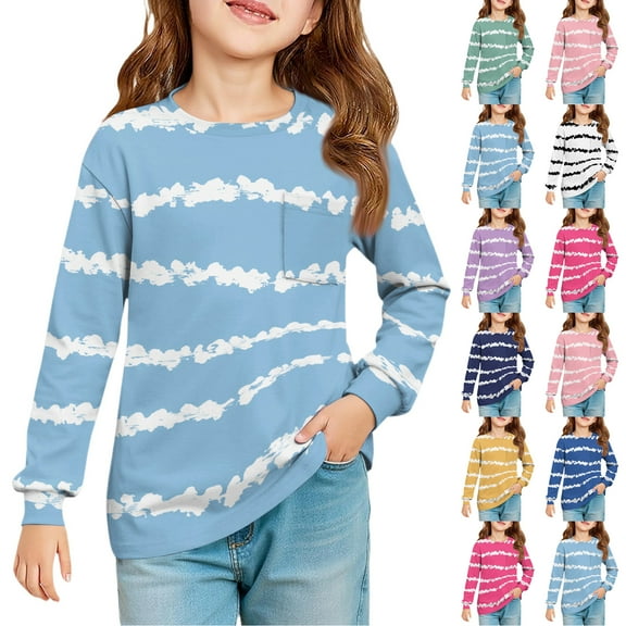 JULMCOMO 2025 BACK TO SCHOOL Girls Black Long Sleeve Shirt Trendy Girls Tops Size 7-8 Years Fall Cute Shirt Kids Crew Neck Tee Shirt Basic Tween Girls Clothes Blue