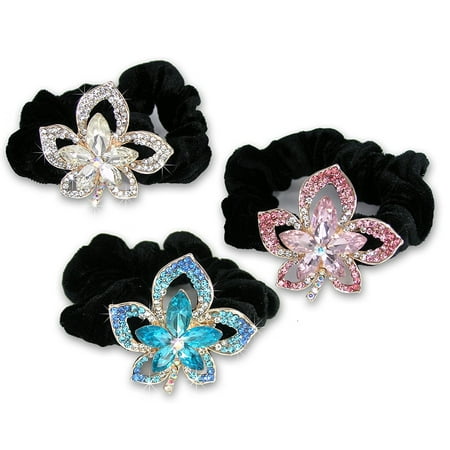 - Jeweled Flower Black Elastic Hair Tie Scrunchies - Set of 3 - 1 Clear Crystal Flower, 1 Pink Crystal Flower and 1 Blue Crystal Flower, SET of 3 white gold.., By Banberry Designs