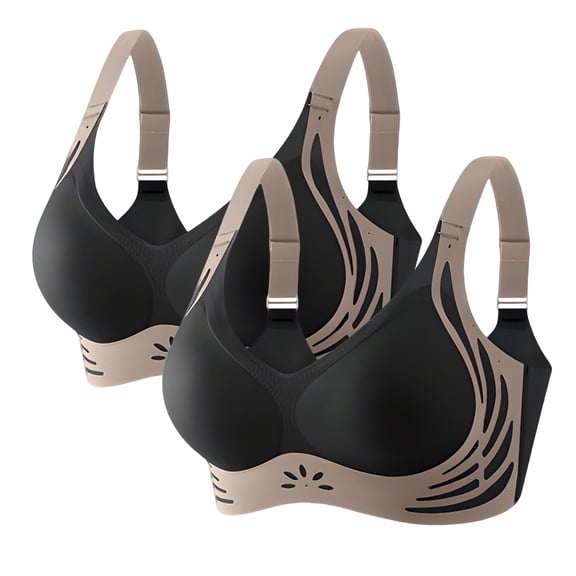 VISALY Push Up Bra Wireless Bras with Support And Lift Soft Comfortable Gather Bra Everyday Sports Bras 2Pc Black L