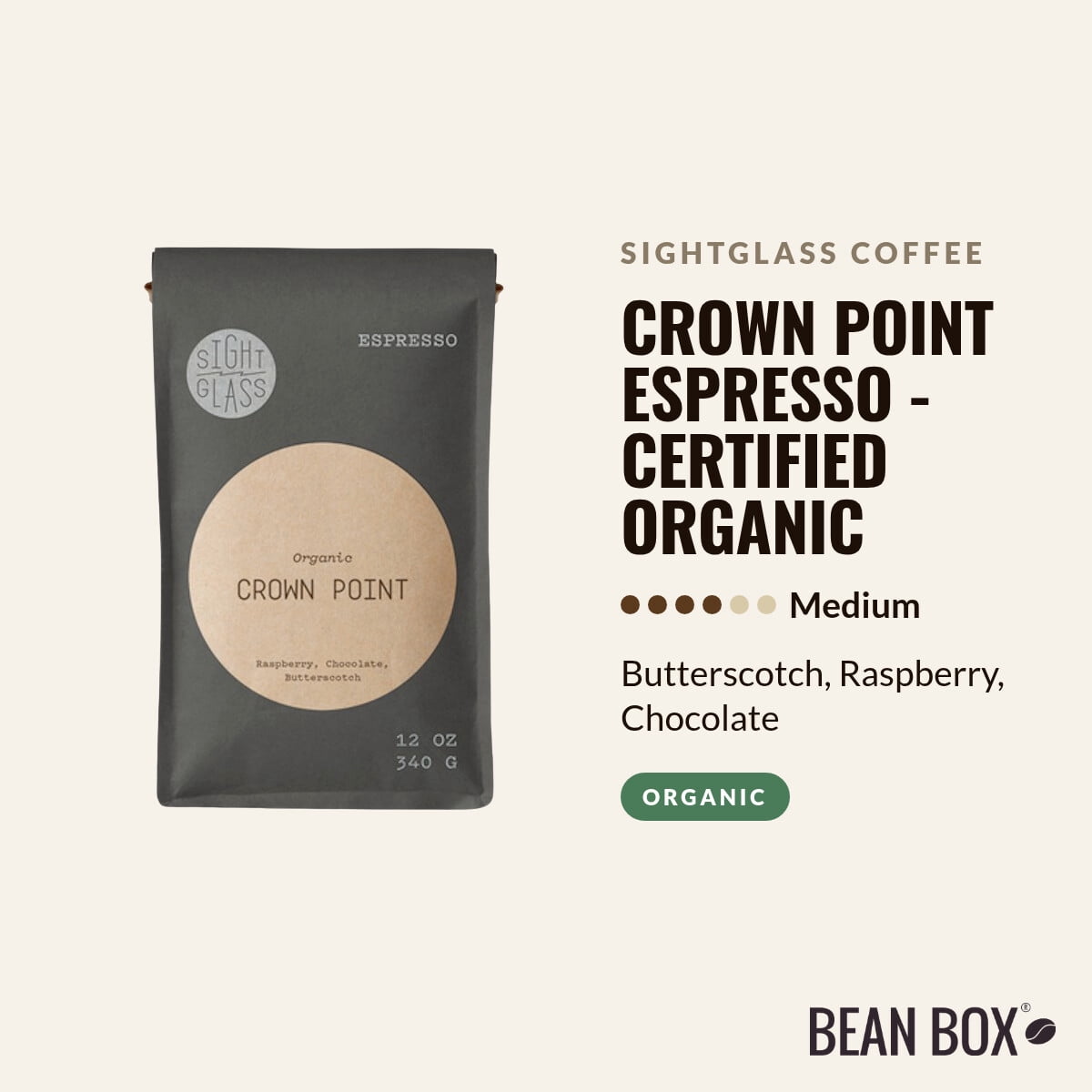 Crown Point Espresso - Certified Organic - Roasted by Sightglass Coffee - Whole Bean Coffee - 12oz Bag