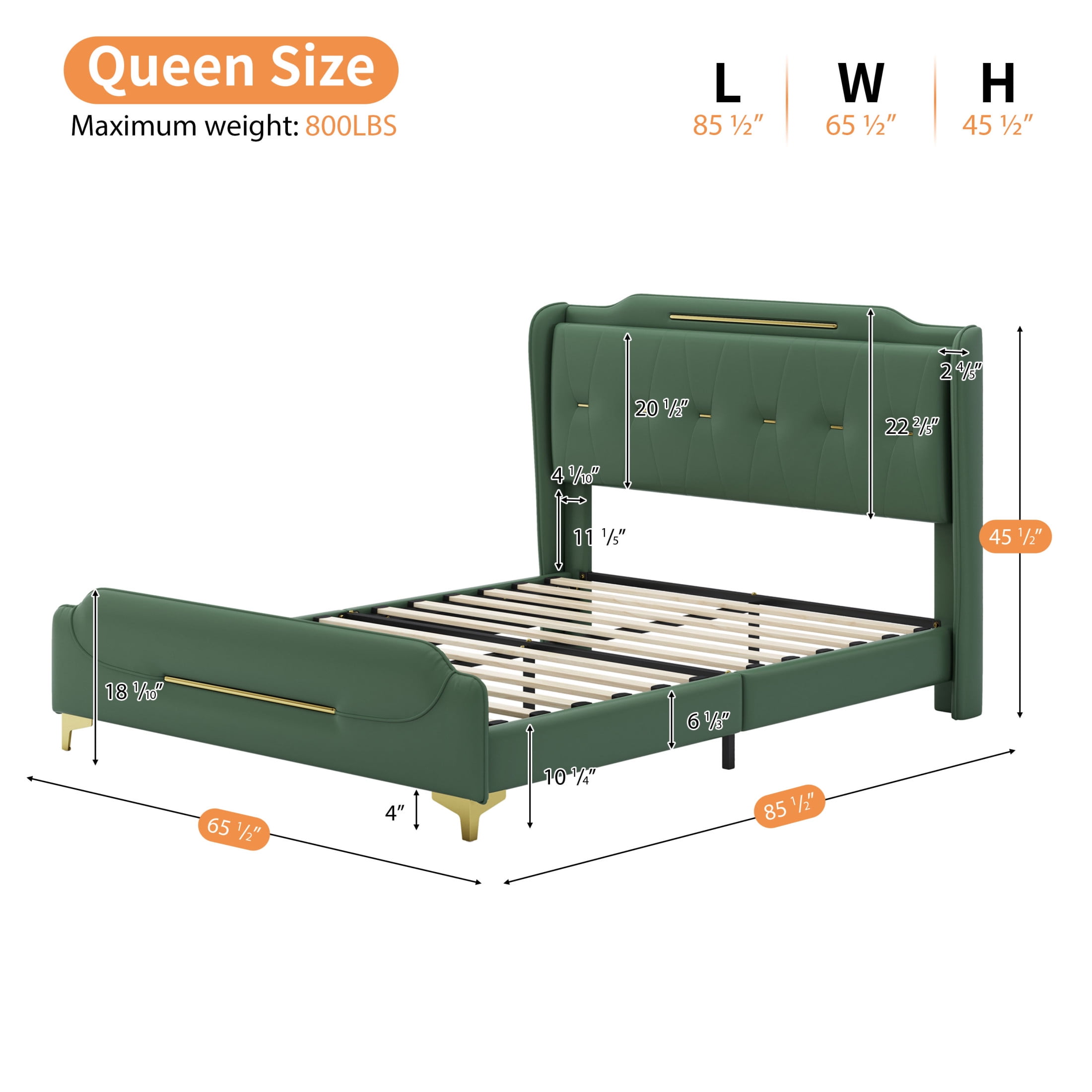 Salas Queen Size Green Modern Upholstered PU Leather Platform Bedframe with Gold Metal Accents and Wingback Headboard