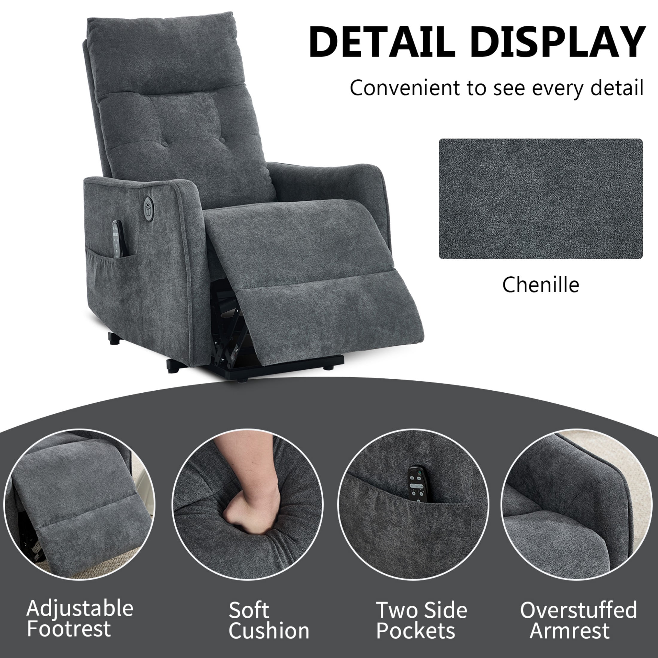 Aukfa Power Lift Recliner Chair with Massage and Heat for Elderly, Electric Chair with USB Port & Side Pocket for Living Room, Dark Gray
