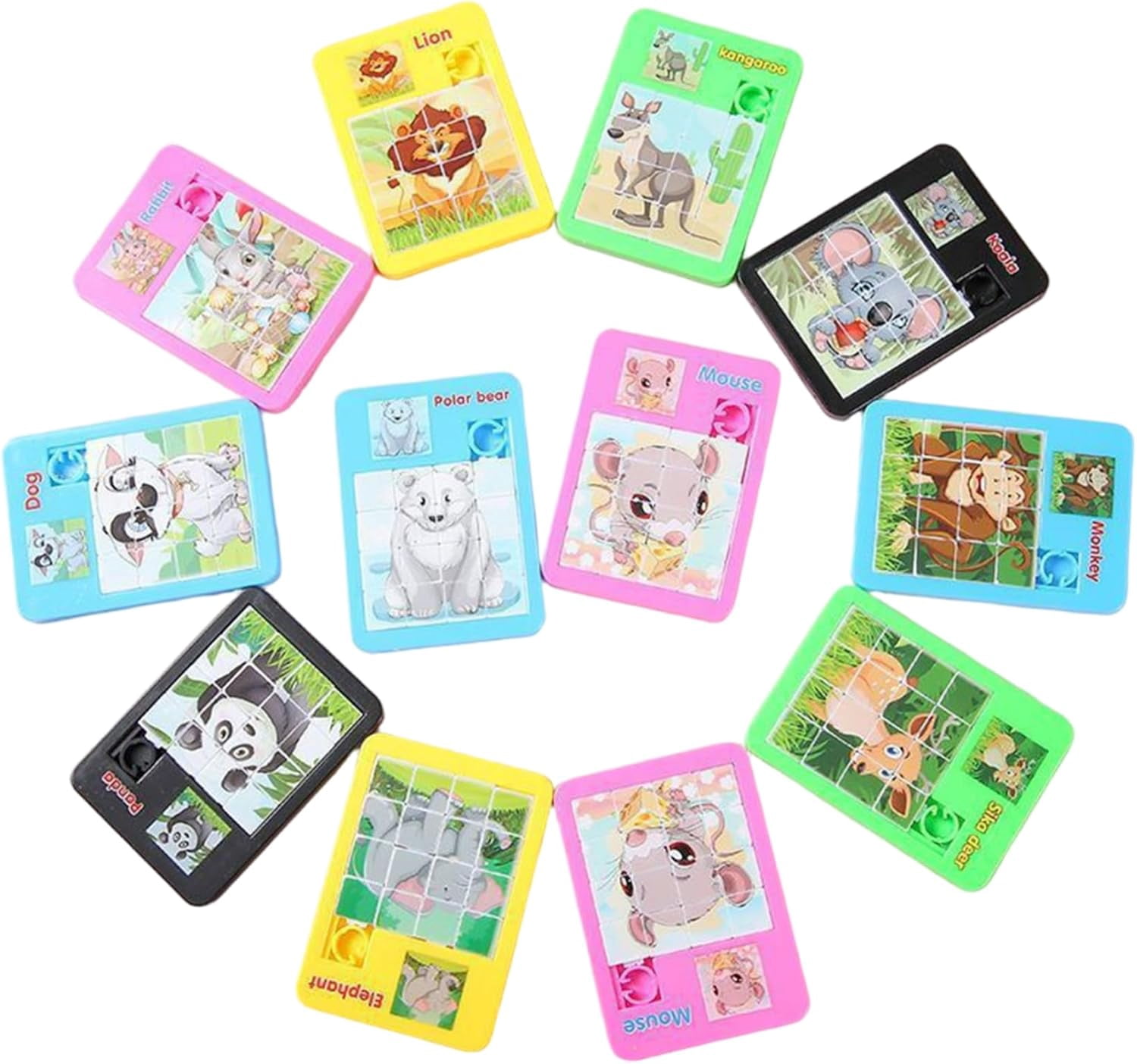10-piece sliding puzzle set, 16-square cute and portable mini animal puzzle, safe and smooth educational toy, suitable for girls and boys.,Multicolor
