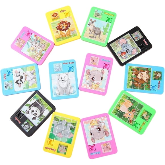 10-piece sliding puzzle set, 16-square cute and portable mini animal puzzle, safe and smooth educational toy, suitable for girls and boys.,Multicolor