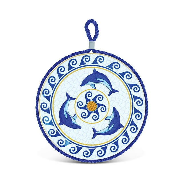 Puzzled Ceramic Pot Holder “Blue Dolphin”, 0.25 Inch Thick Intricate & Meticulous Detailing Art Handcrafted Decorative Pan Coasters Hot Pad Heat Trivet Ocean Sea Life Themed Home & Kitchen Accessory