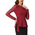thumbnail image 4 of INSPIRE CHIC Women's Mesh Sheer Long Sleeve Blouse Round Neck Belted Work Peplum Top XL Red, 4 of 6