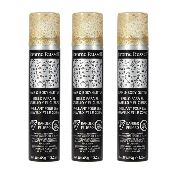Jerome Russell Temporary Hair and Body Glitter Color Spray, Travel Spray, Lightweight, Adds Sparkly Shimmery Glow, Perfect to use On Hair, Skin, or Clothing, 2.2 oz - Glitter GOLD x 3 Pack
