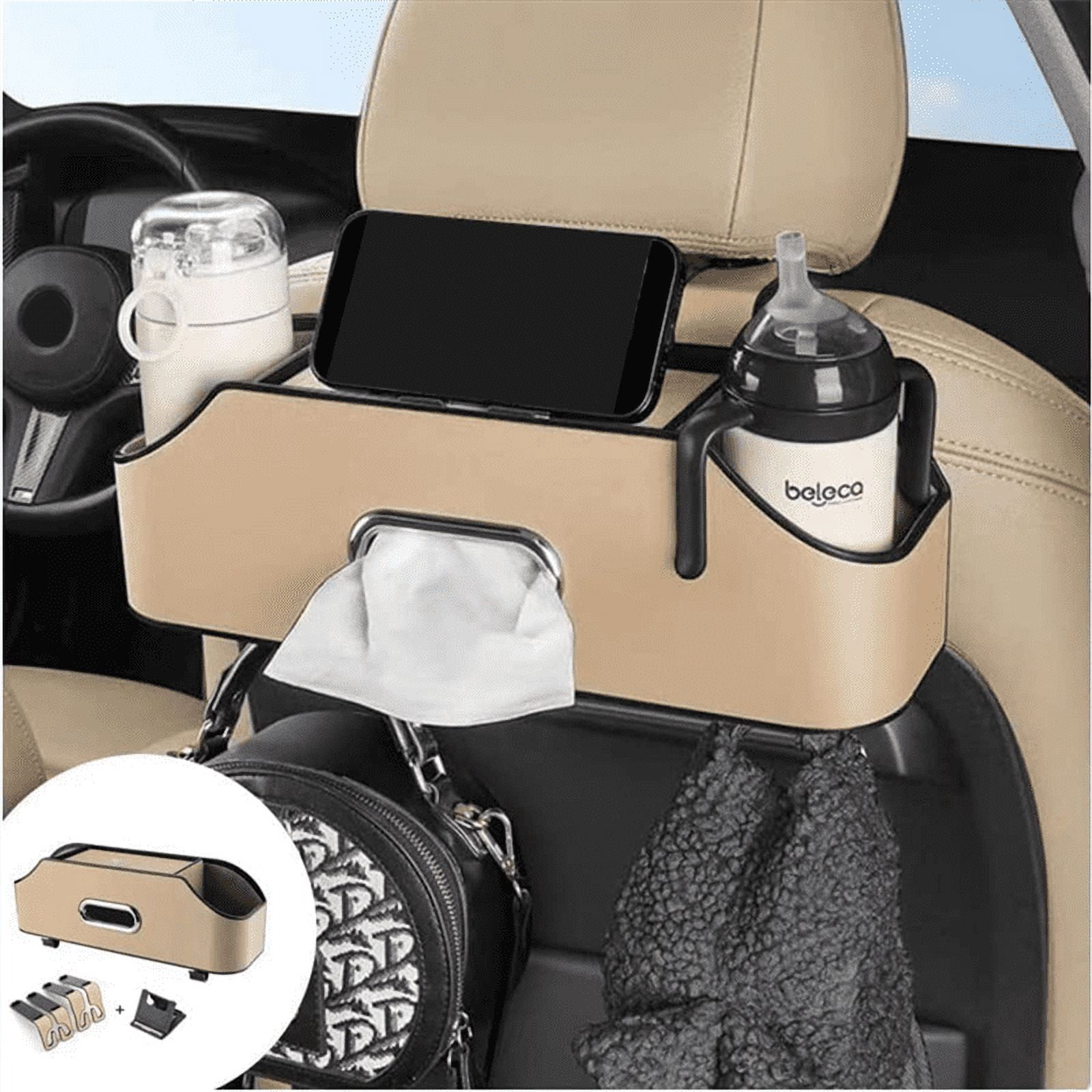 Car Headrest Backseat Organizer with 2 Drink Cup Holder, Cell Phone Holders, Hooks and Tissue Box Accessories - Beige