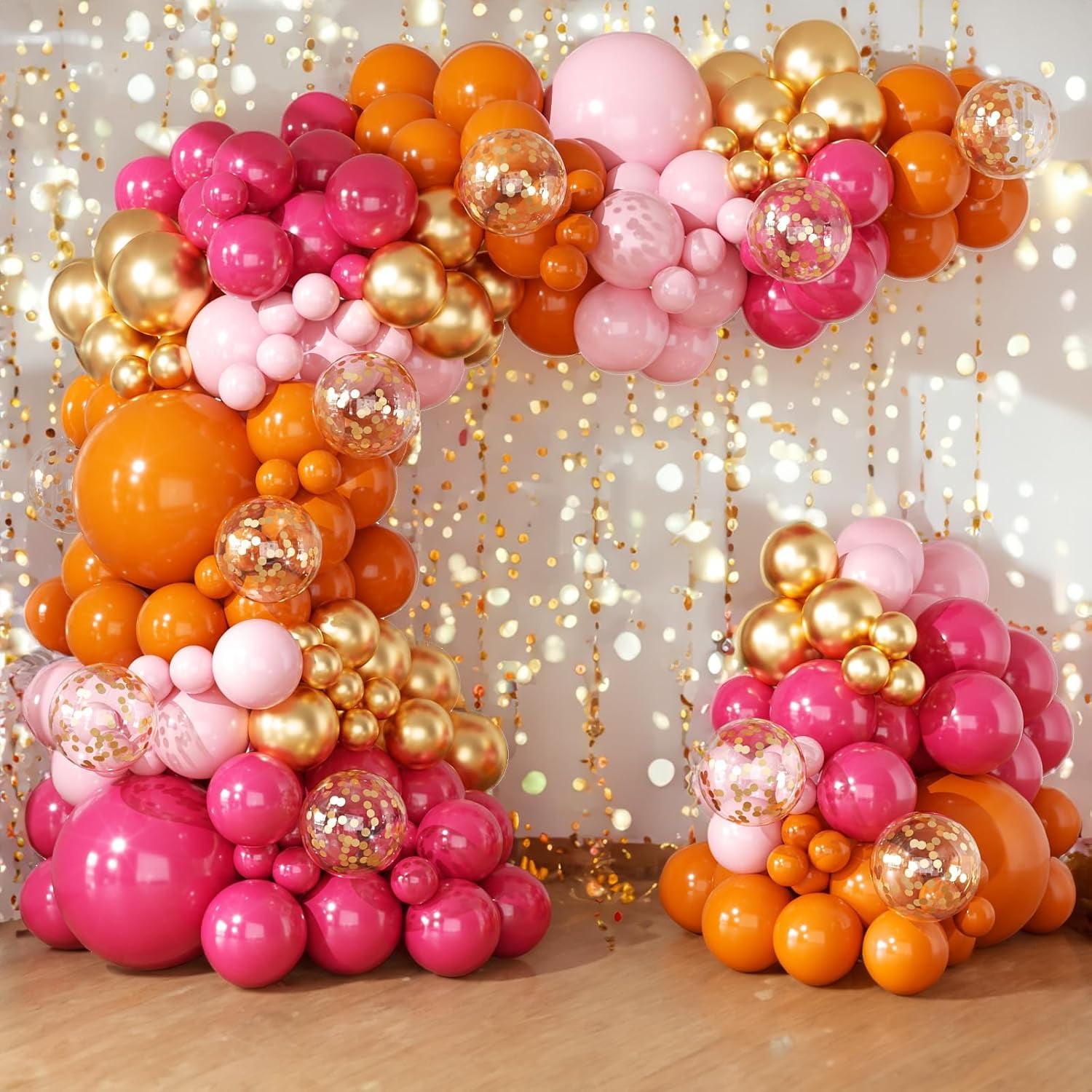 Pink and Orange Balloons Arch Kit - 164pcs Hot Pink and Orange Metallic Gold Confetti Balloons in Different Size 18 12 10 5inch for Summer Tropical Birthday Sunset Party Graduation Decorations