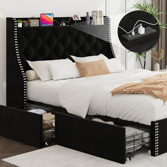 Storage Bed Frame, Wingback Headboard withTufted Upholstery, IntegratedCharging Hub, Reinforced Platform