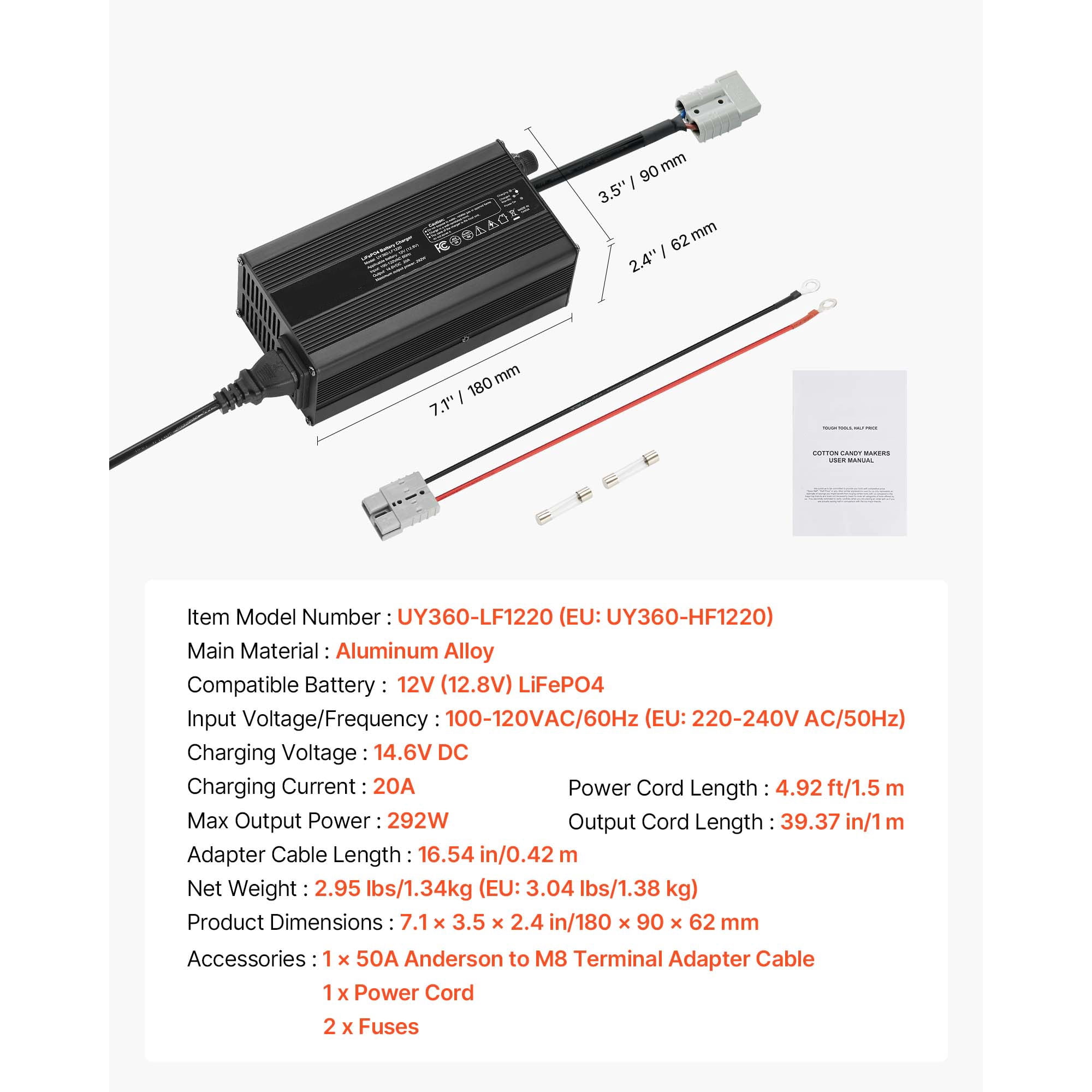 KFFKFF 12V 20A Lithium Battery Charger, 14.6V AC-DC LiFePO4 Smart Charger with Anderson Connector, LED Indicator, 0V Activation, Compatible with Lithium LiFePO4 Deep Cycle Batteries for Boats and RVs