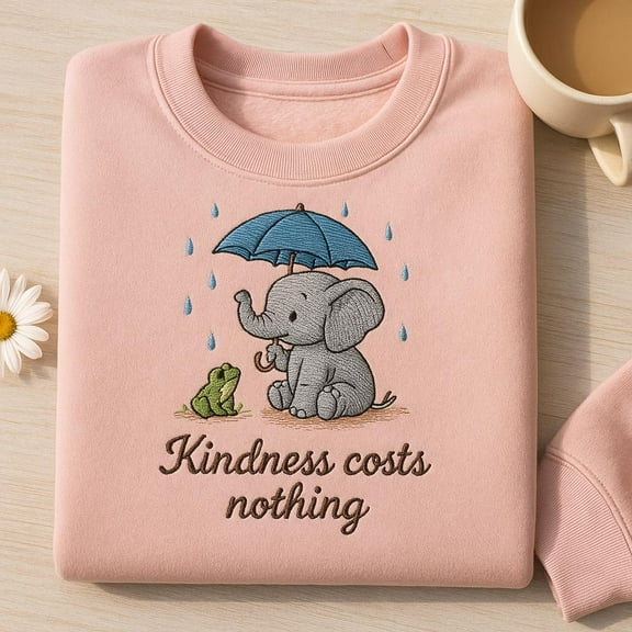Embroidered Elephant Frog Sweatshirt, Kindness Costs Nothing Hoodie, Cute Animal Umbrella Sweater, Wholesome Nature Gift