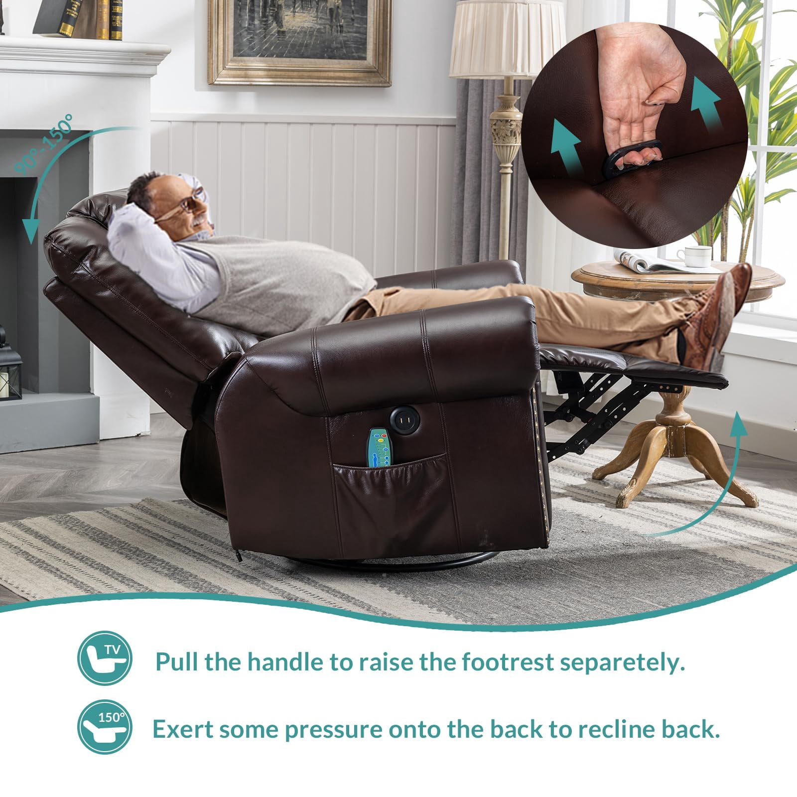 MEETWARM Massage Swivel Rocker Recliner with Heat and Vibration, Manual Glider Rocking Recliner Chair, 360°Swivel Lounge Reclining Chair with Remote Control/USB Ports for Living Room(Dark Brown)