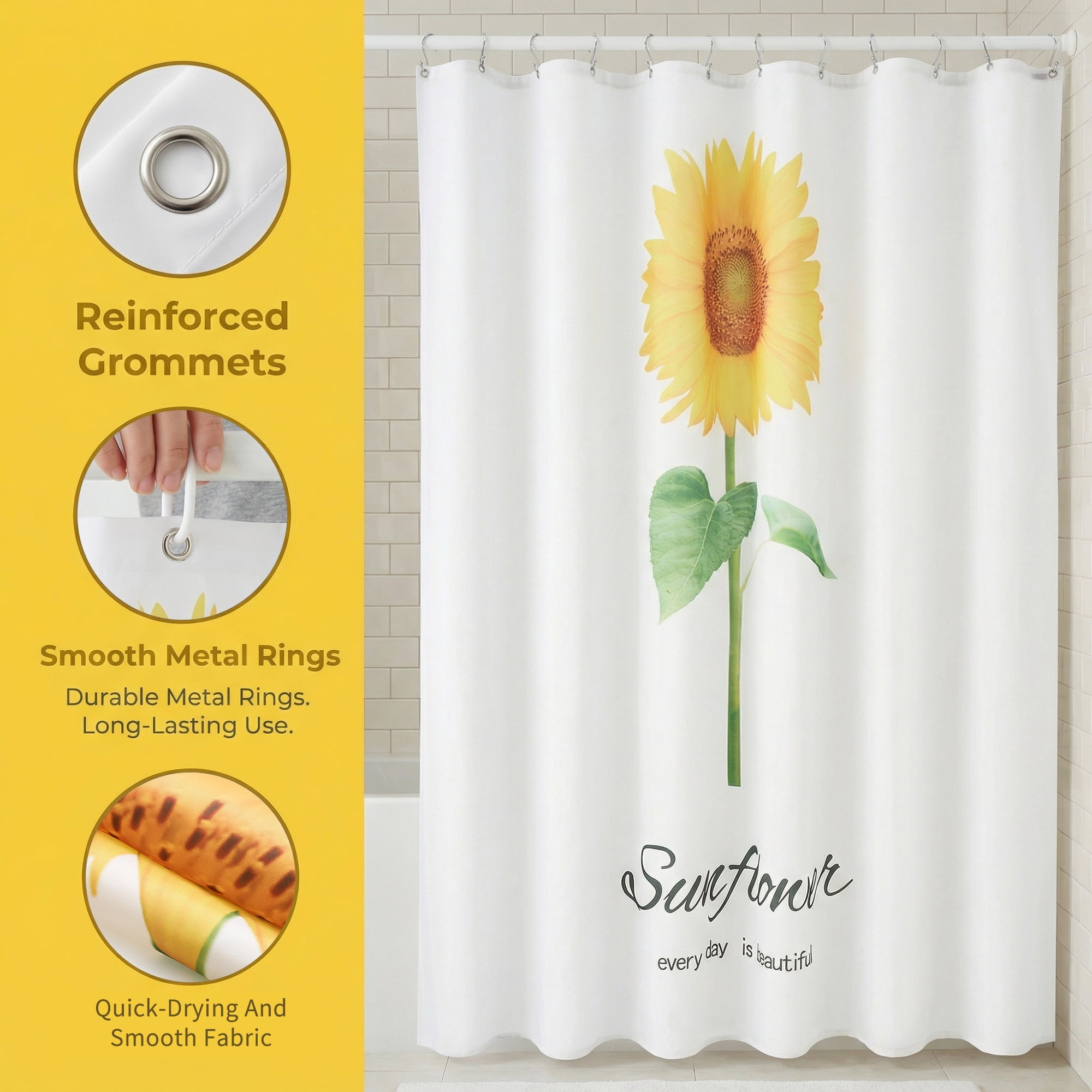 Unique Bargains Boho Shower Curtain Sets with Hooks Yellow Single Sunflower 71"W x 71"L
