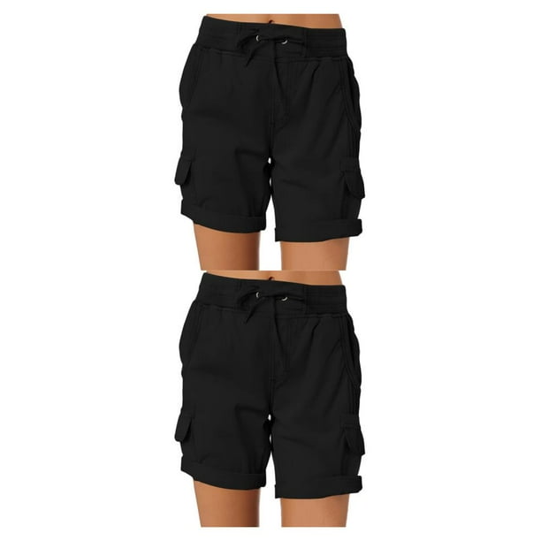 Sonducket Pantalones cargo femeninos Pantalones cortos de bolsillo Cintura suelta Pantalones de verano Cómodos elásticos para damas para Negro SG 2piezas