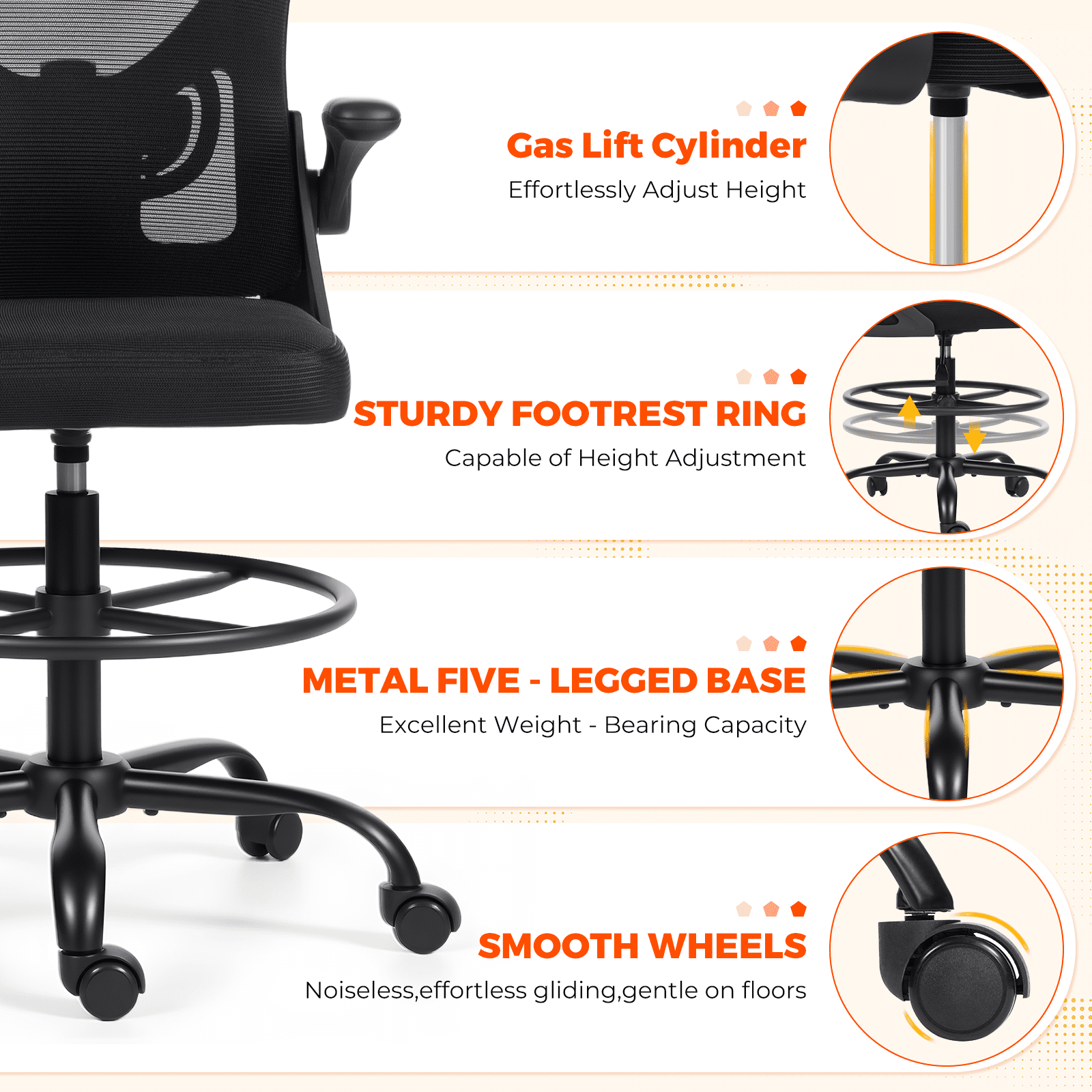 AVAWING Tall Drafting Chair, Breathable Mesh Office Chair, Ergonomic Computer Desk Chair, Black