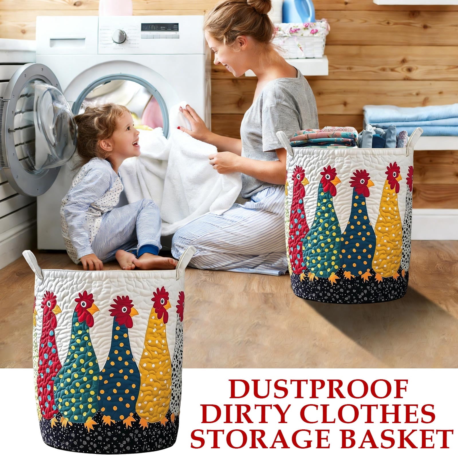 DAMAI Quilted Laundry Basket Boho Fabric Floral Storage Hamper for Blankets Toys Book and Clothes Laundry Hampers Bin for Bathroom Kitchen Hotel