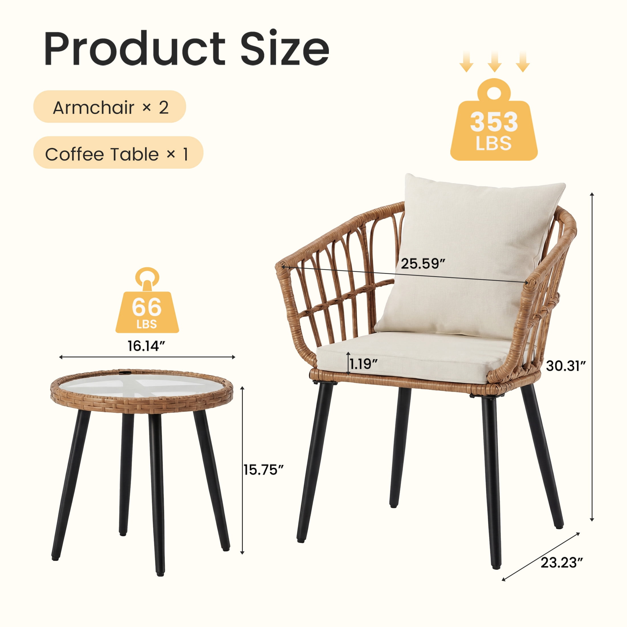 EDX 3 Piece Outdoor Patio Wicker Furniture Set, Rattan Chairs with Tempered Glass Coffee Table, Sturdy Steel Frame, Washable Cushions, for Balcony Backyard Poolside Lawn,Beige
