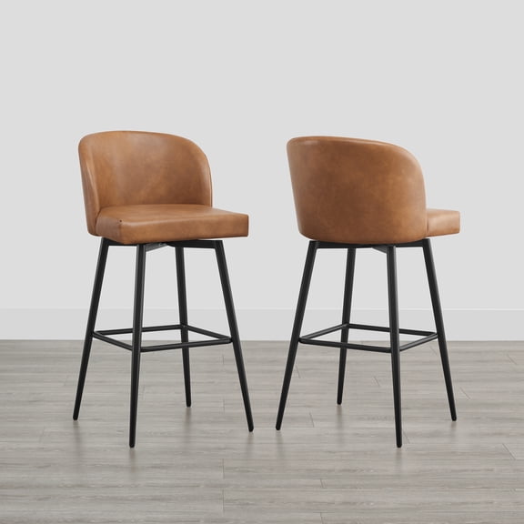 Spruce & Spring Bar Height Swivel Barstool with Metal Legs Set of 2, Cognac, Faux Leather