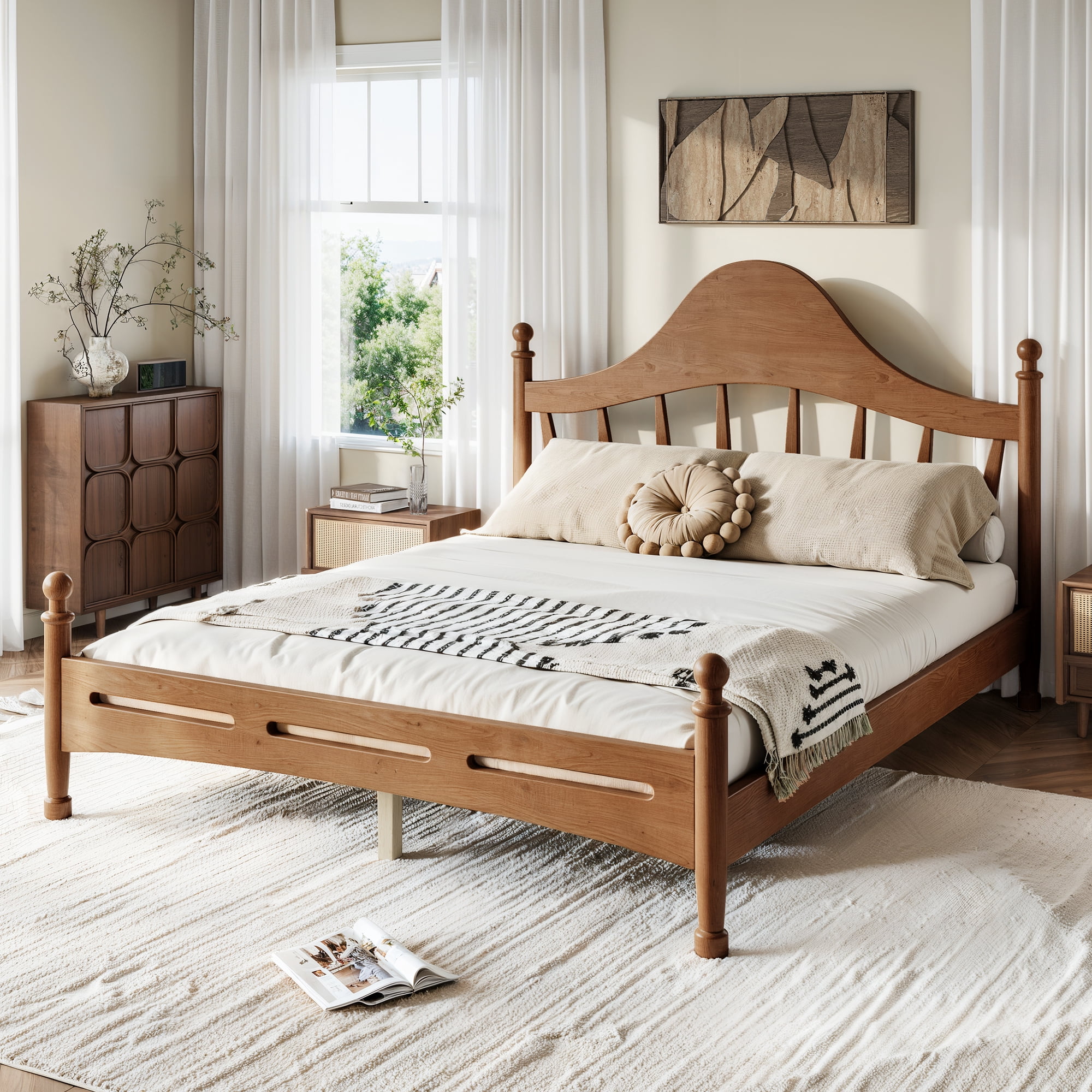 Leumius Queen Size Platform Bed with Chic Headboard, Solid Wood Bed Frame with Slatted Support, Low to Ground Design for Bedroom Brown