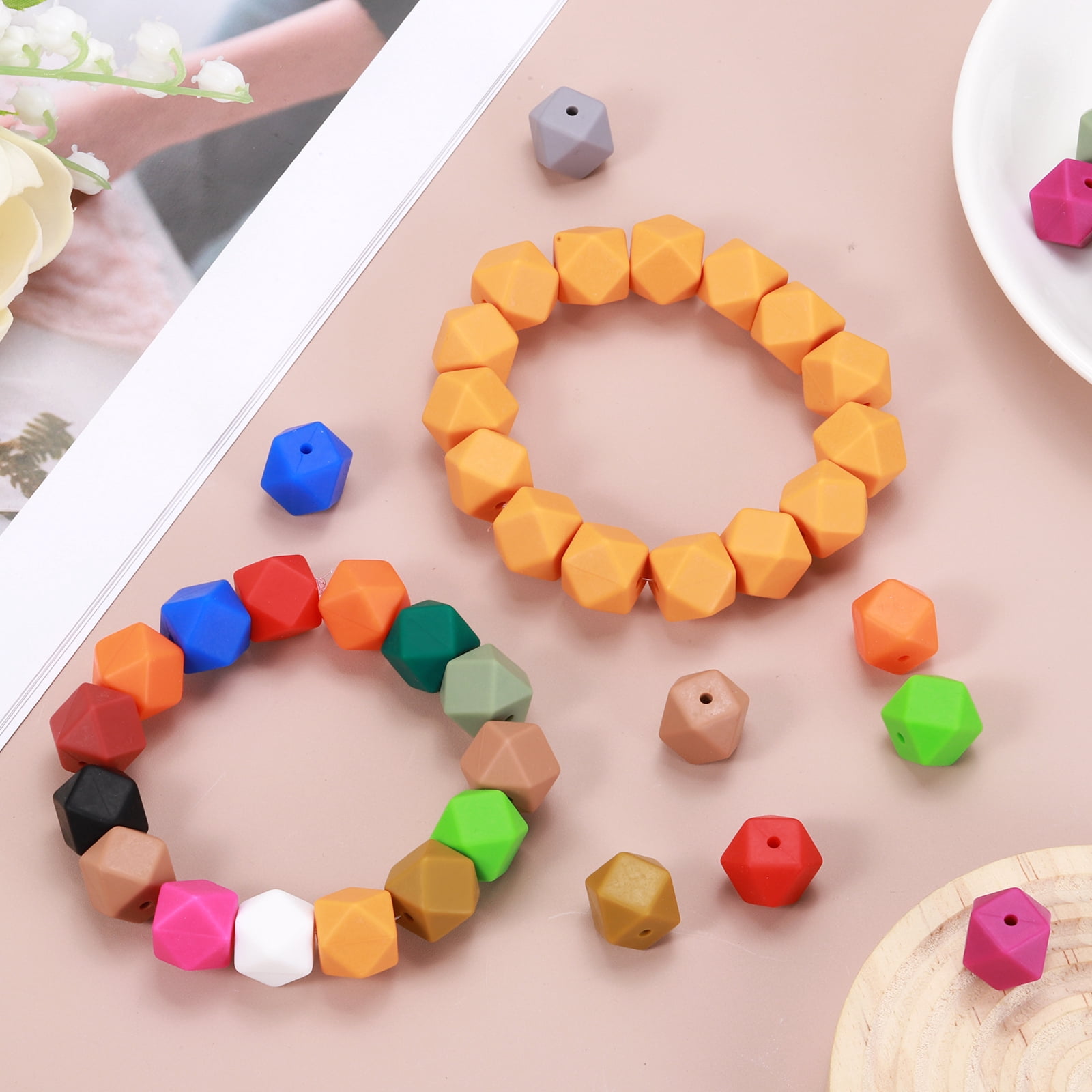 96Pcs Silicone Beads 14mm Hexagon Rubber Focal Beads Bulk for Pens Keychain Bracelet Necklace DIY Crafts Making, Olive Green