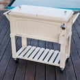 thumbnail image 3 of Permasteel 80-Qt Antique Outdoor Steel Patio Cooler on Wheels, Rolling Cooler Cart, Wooden Teak Style, Cream, 3 of 11