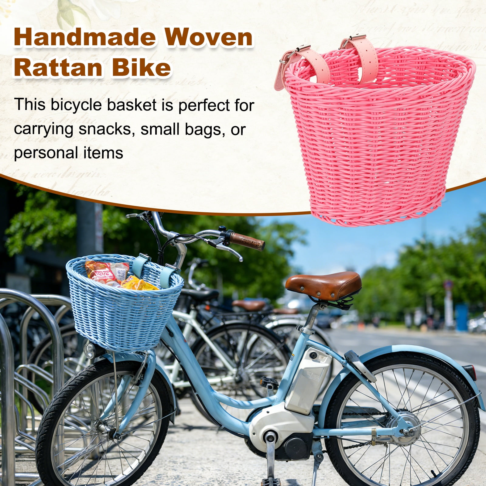Uxcell Bike Basket Front, Hand-Woven Bicycle Basket with Adjustable PU Belts 2 Pack & Pink-Fitting For(Most Road Bikes, Bicycles/Scooters)