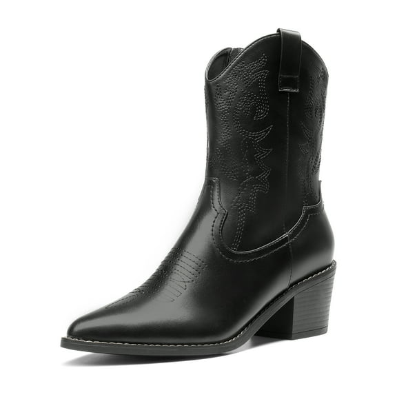 DREAM PAIRS Women's Cowboy Boots, Pointed Toe Chunky Heel Cowgirl Boots, Zipper Pull-On Stitched Western Boots Ankle Boots for Ladies