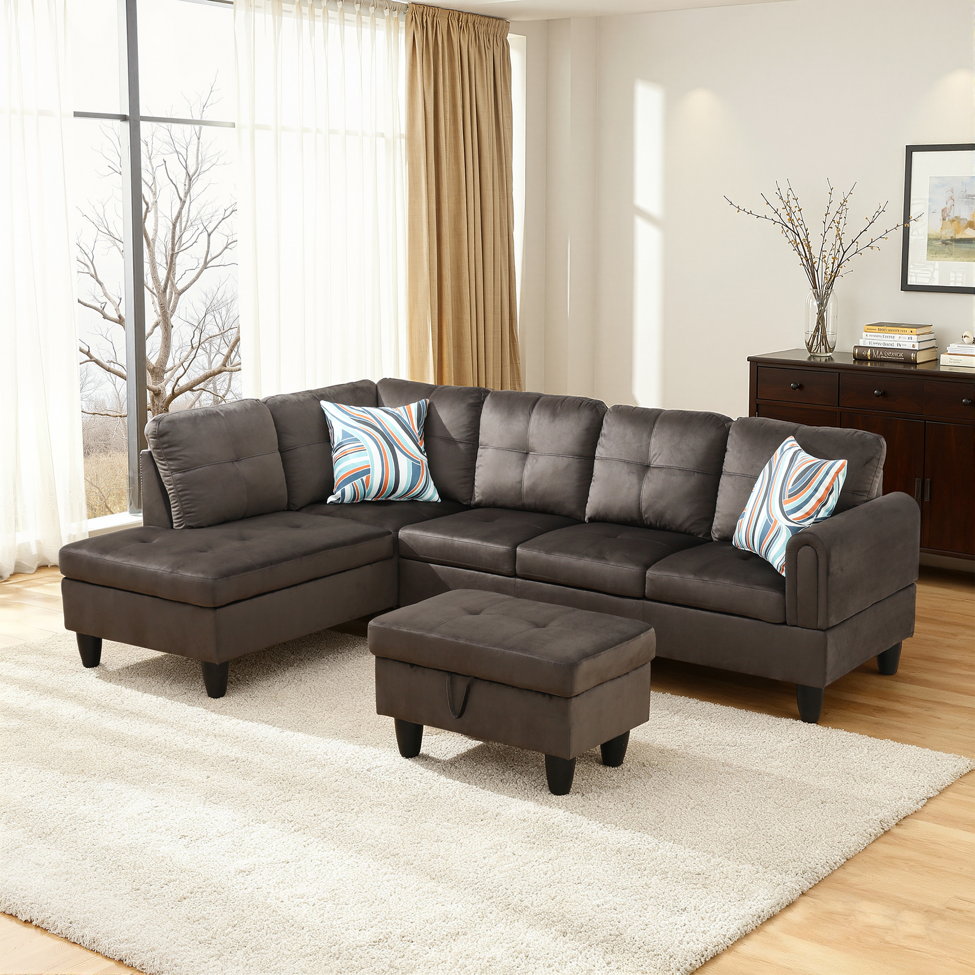 MAYEERTY 97" Flannel Sectional Sofa, 3-Piece Couch Living Room Sofa Set with Ottoman, Dark Brown (Left)