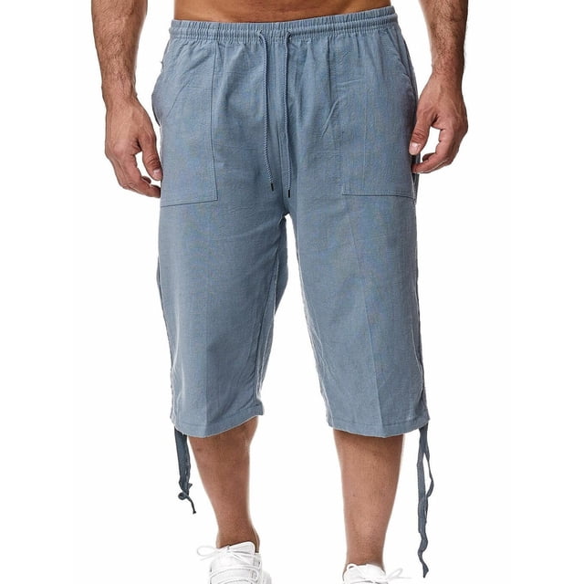 HIMONE Pantalon de Jogging Court en Lin pour Hommes, Capri de Course, sous le Genou, Taille Élastique, Pantalon de Détente avec Poche, Bas de Pyjama pour Dormir