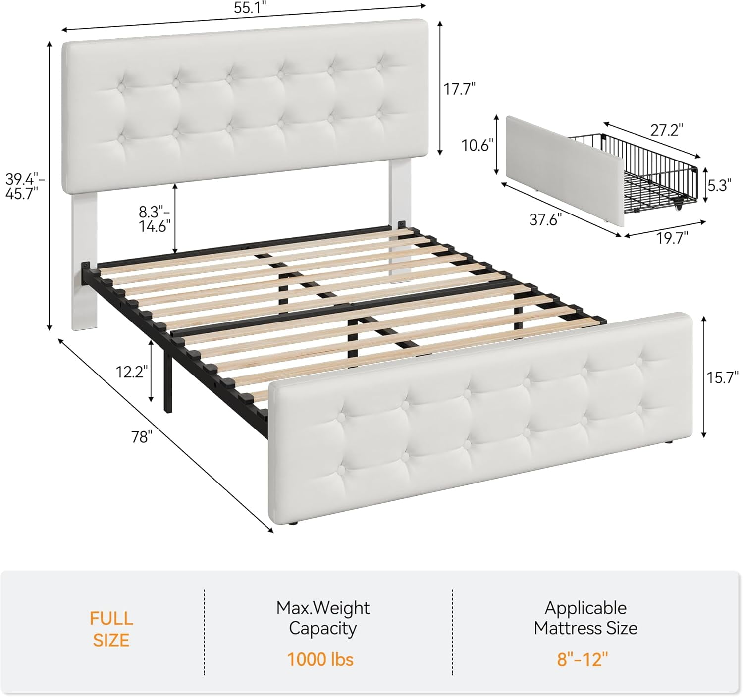 Memoryfield Full Size Bed Frame with 4 Storage Drawers and Headboard, Faux Leather Upholstered Platform Bed Frame with Wooden Slats Support, No Box Spring Needed, Beige