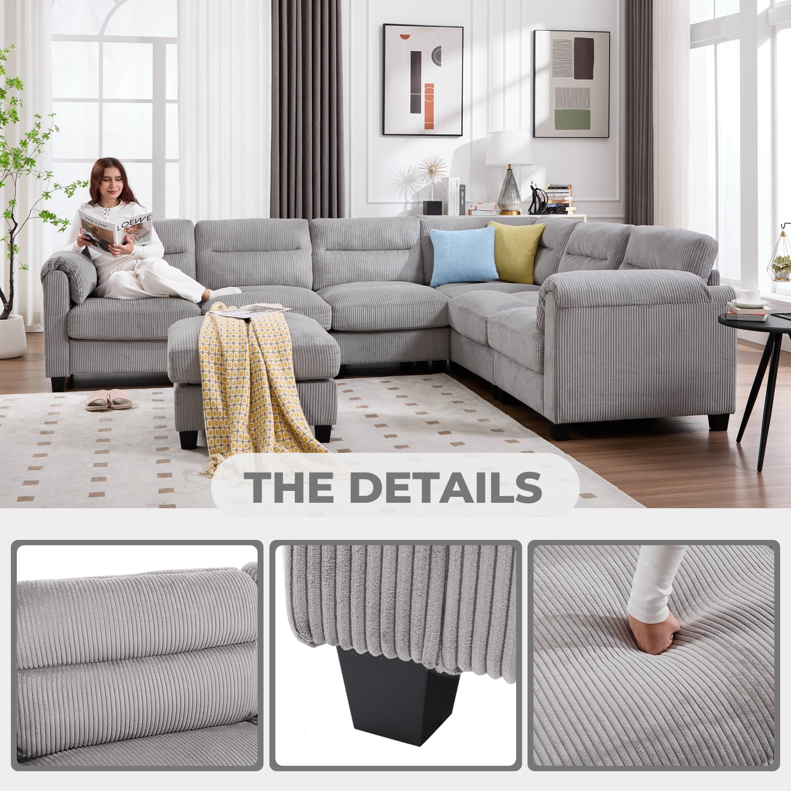 Bonzy Home Modular Plush Convertible Sectional Sofa with Ottoman, Gray