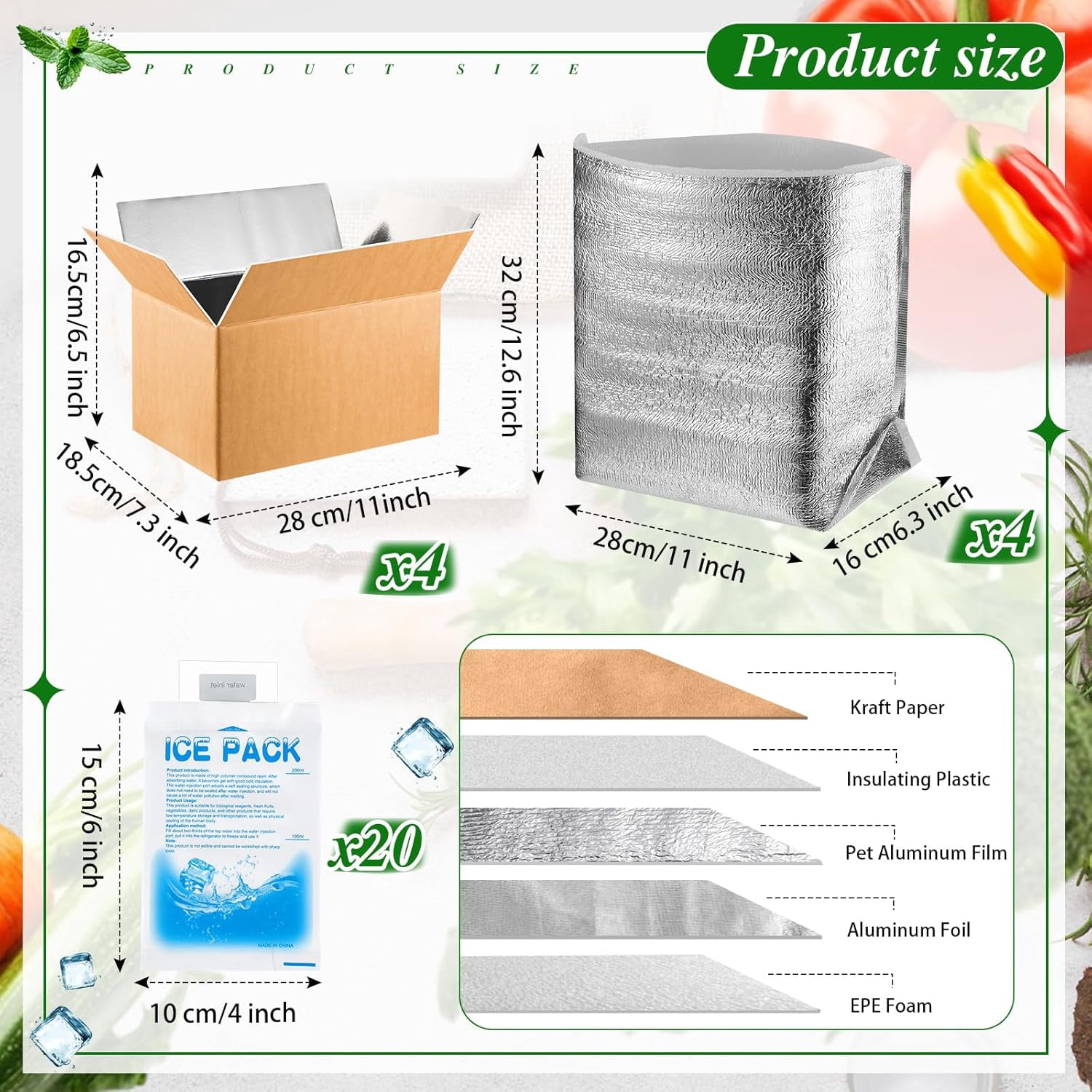 4 Pcs Thermal Insulated Shipping Boxes for Frozen Food with Ice Pack and Aluminum Foil Liner for Shipping Big Cold Pack Cooler Mailing Boxes for Moving Hot Frozen Food