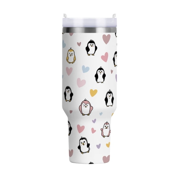 40 oz Tumbler With Handle Stainless Steel Insulated Tumbler With Lid for Car Cup Holder Cute Penguins and Heart Pattern