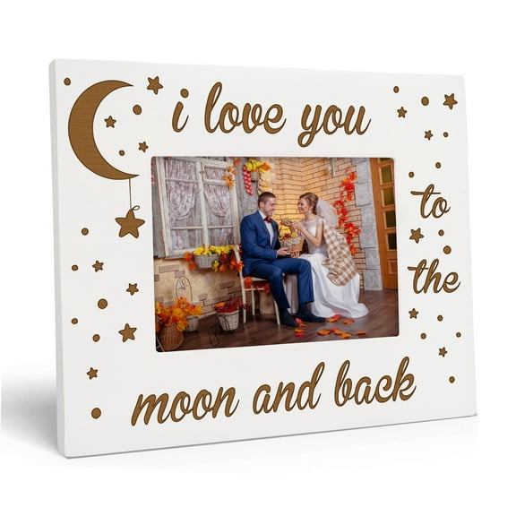 Darling Souvenir Made With Love Engraved Table Top Photo Frame Wooden Love You Moon & Back Quotes White Picture Frame Gift For Brothers Day, 4x6 Inches Horizontal Photo Size