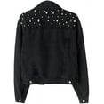 thumbnail image 2 of Silver Basic Women's Retro Denim Jacket Slim Fit Light Colored Cotton Denim Coat With Bead Embellished Jacket S,Black-1, 2 of 2