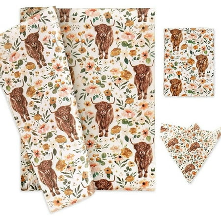 AnyDesign Boho Floral Highland Cow Tissue Paper 100 Sheet Watercolor Flower Art Tissue Farmhouse Cute Cow Wrapping Paper for DIY Crafts Gift Packing, 19.7 x 13.8 Inch