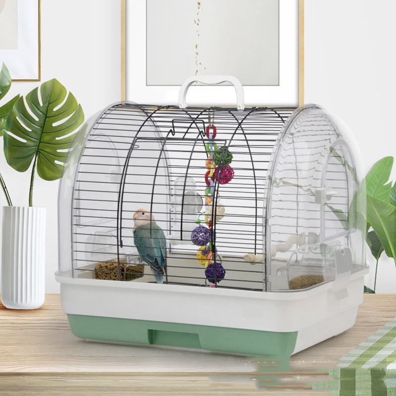 Shininglove Portable Travel Bird Cage Carrier with 2 Bowls & 2 Perches - 42x32x37cm Metal Parakeet Cage for Budgies, Cockatiels - Escape-Proof, Stackable, Detachable Tray