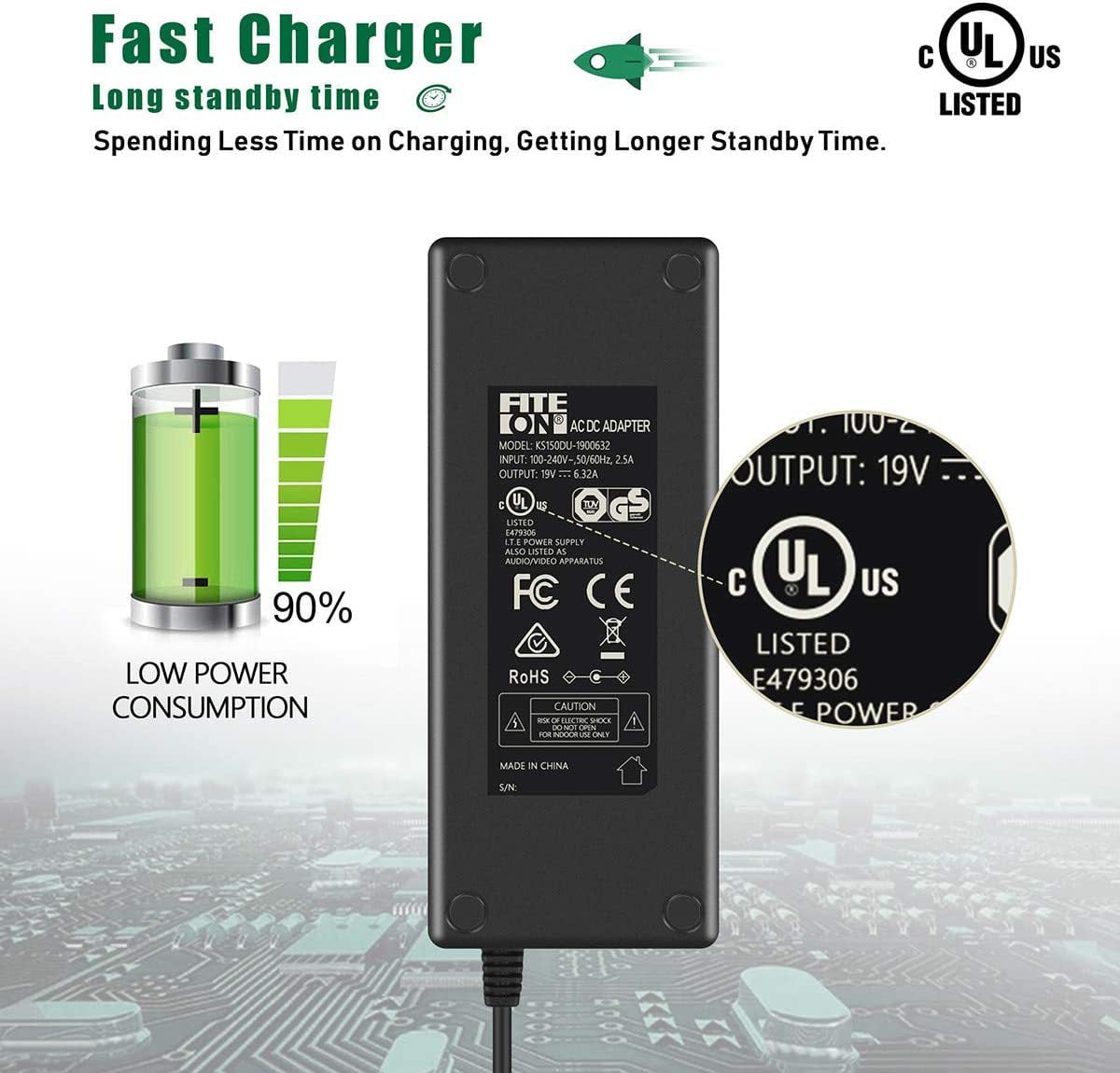 FITE ON 19V 6.32A Power Supply 120W 19 Volt AC Adapter 100V-240V 50-60Hz AC  to DC 19V 6.32A Power Adapter 6320mA Converter with 5.5mm x 2.1mm 2.5mm