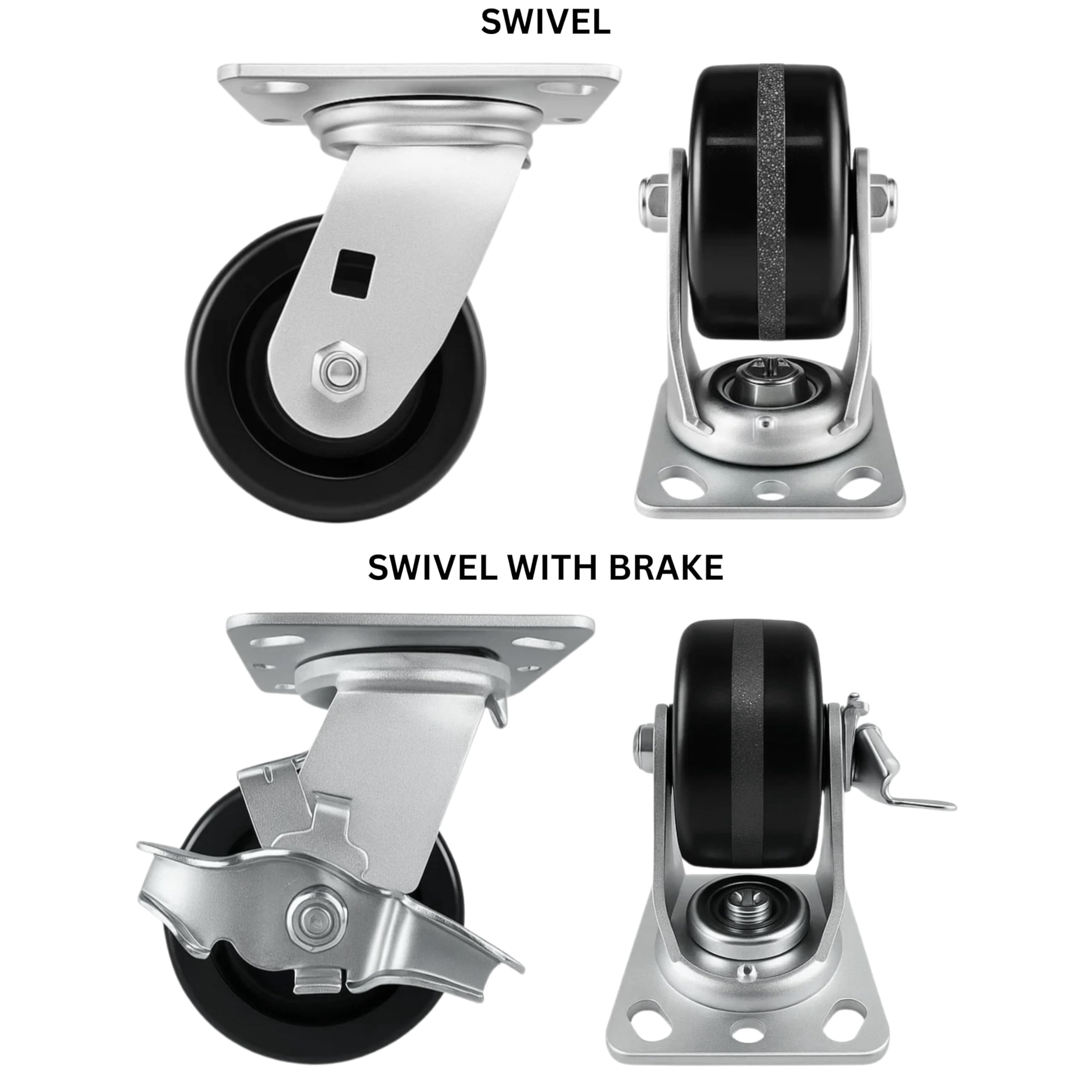 4 Heavy Duty Caster Set 4" Phenolic Wheels - 2 Swivel + 2 Swivel with Brake