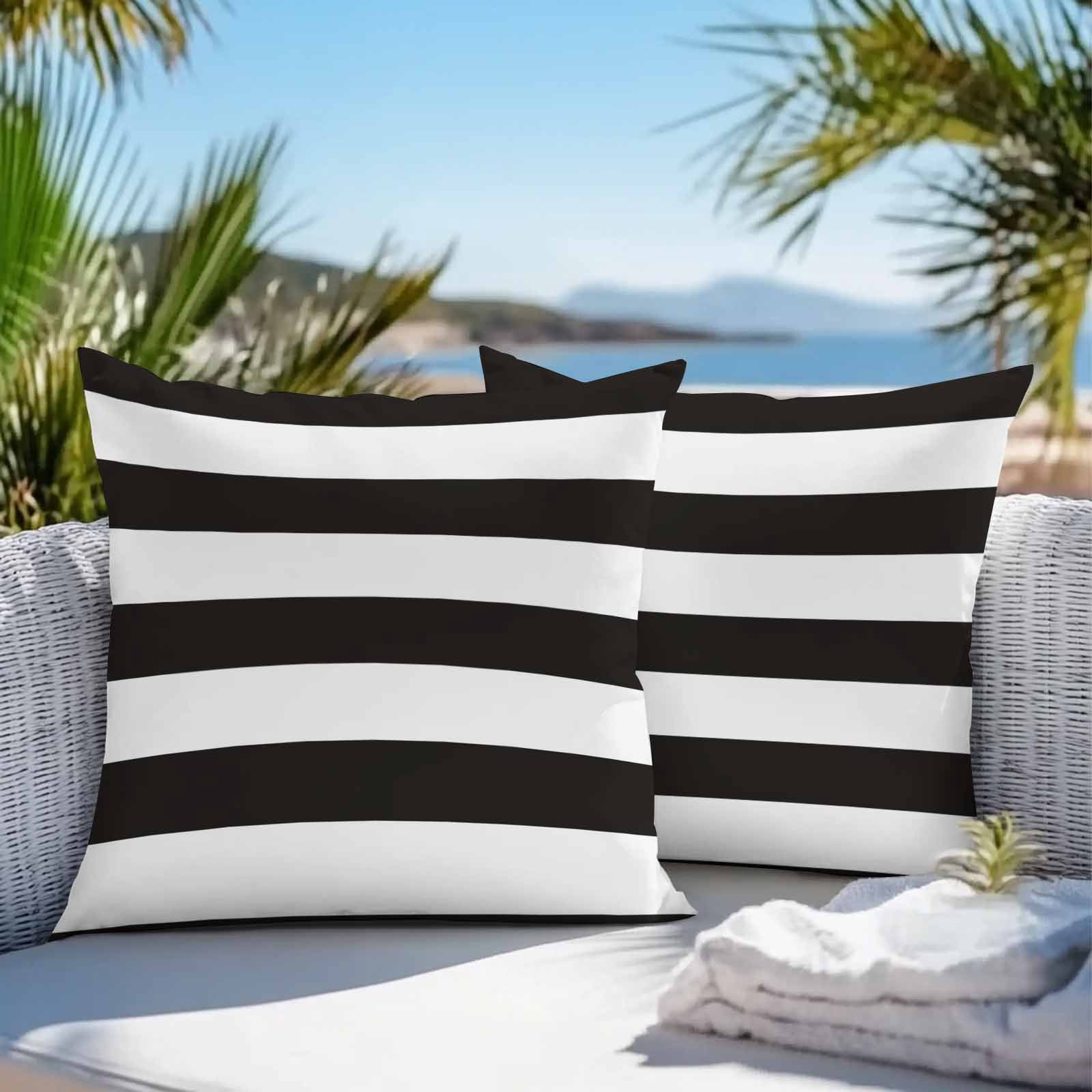 Simple Stripe Outdoor Pillow Covers Set of 2 Black and White Waterproof Throw Pillow Case Decorative Square Cushion Cover for Patio Couch Garden Balcony, 26"x26"
