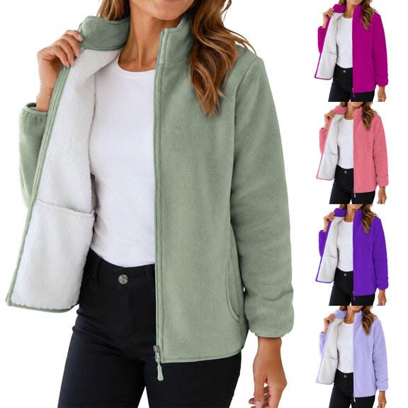 Windbreaker Outdoor Coat Women's Solid Color Full Zipper Stand Up Collar Warm Jacket And Winter Casual Double-Sided Velvet Top With Pockets On Both The Inside And Outside Green M