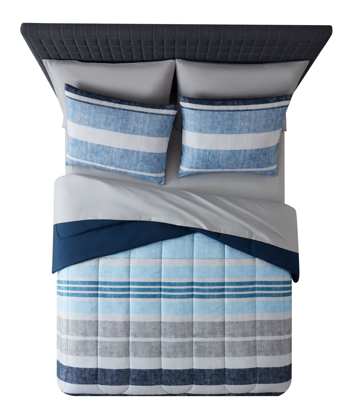 Mainstays 7 Piece Reversible Bed in a Bag Comforter Set with Sheets, Blue and Grey Stripe, Full