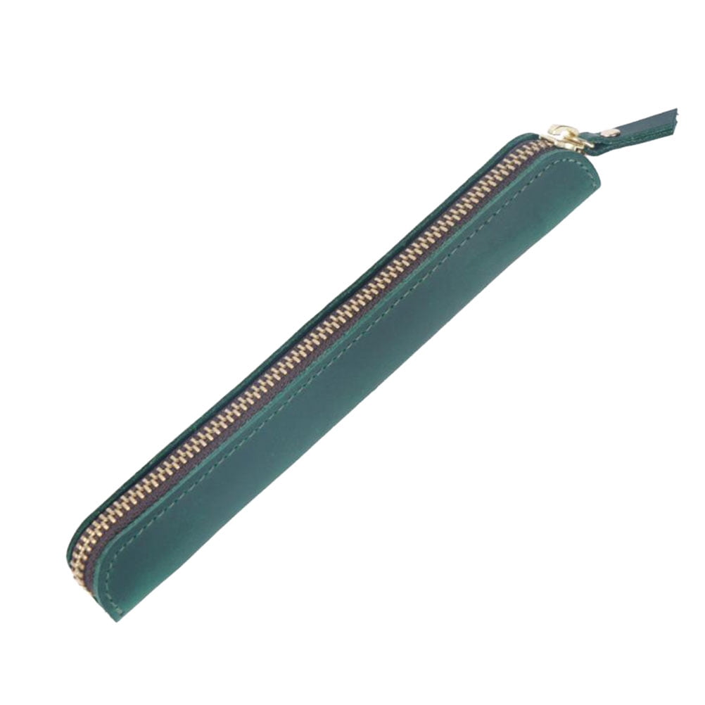 Genuine Leather Zipper Pen Pouch Holder Pencil Bag Pen Case  for Rollerball Fountain Ballpoint Pen (Green)